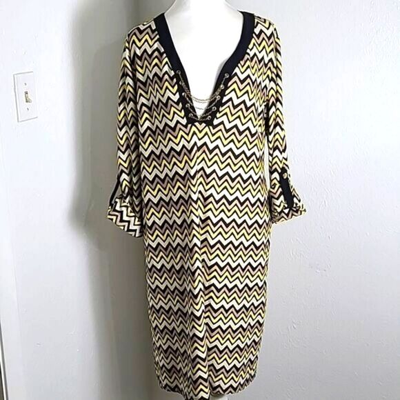 Emma & Michele Yellow & Black Zigzag Print Dress, Black Trim,Chain Neckline,Sz L - Picture 1 of 8